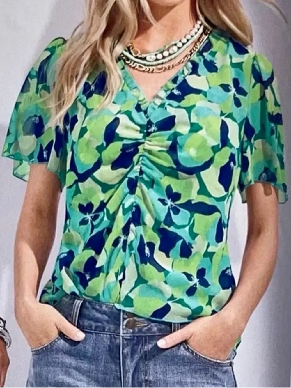 CAbi Green and Navy Floral Ruched V-Neck Blouse